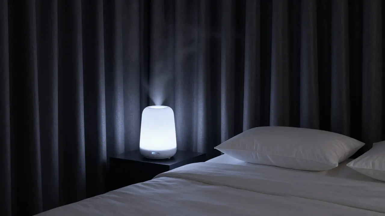 A darkened hotel room equipped with blackout curtains and a white noise machine for rest