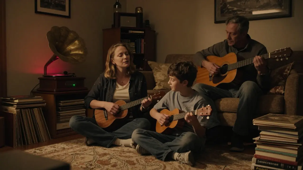 A family playing music together in a vintage living room with a phonograph