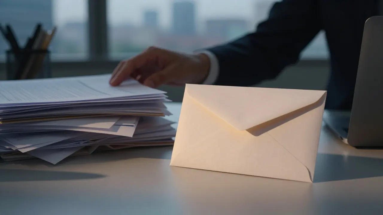 A journalist's desk at dawn contrasting a pile of cluttered papers with a single, highlighted envelope