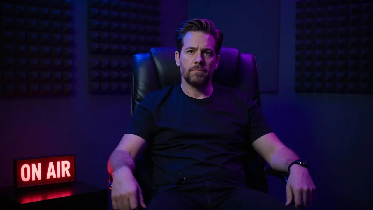 A man sitting in a podcast booth, demonstrating the power of silence and pausing during communication