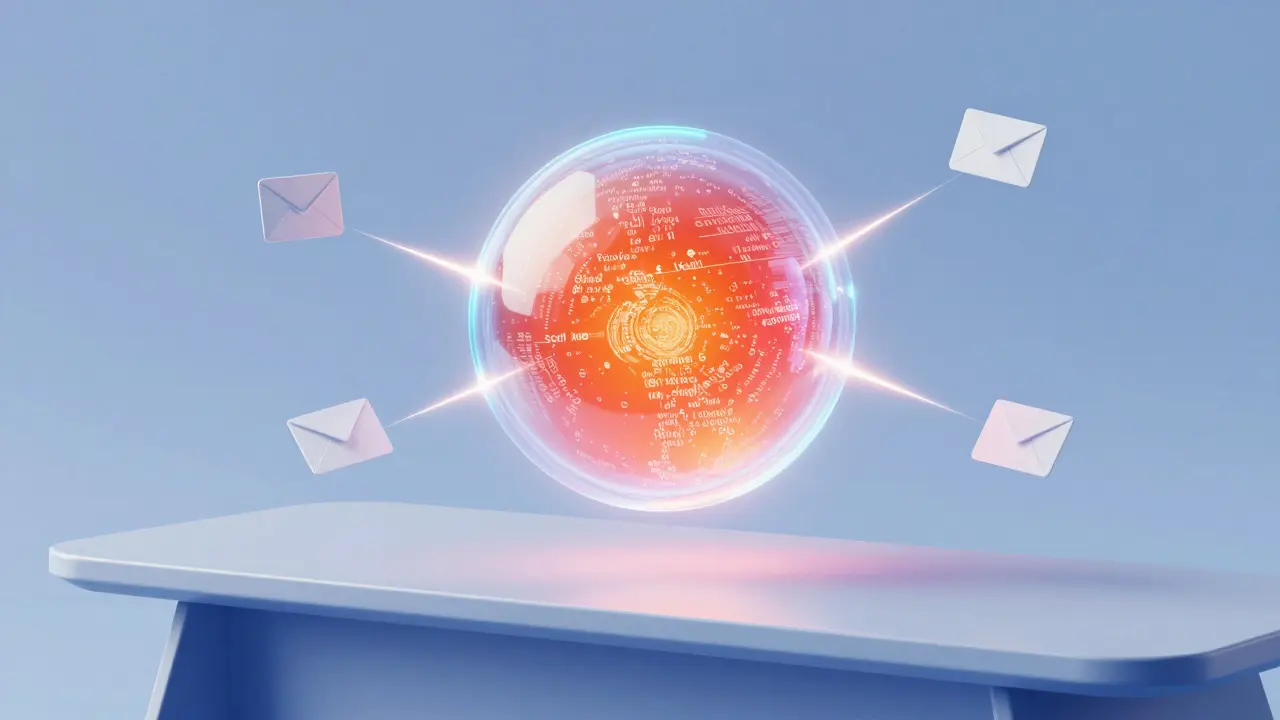 Abstract 3D visualization of data streams converging into a glowing sphere