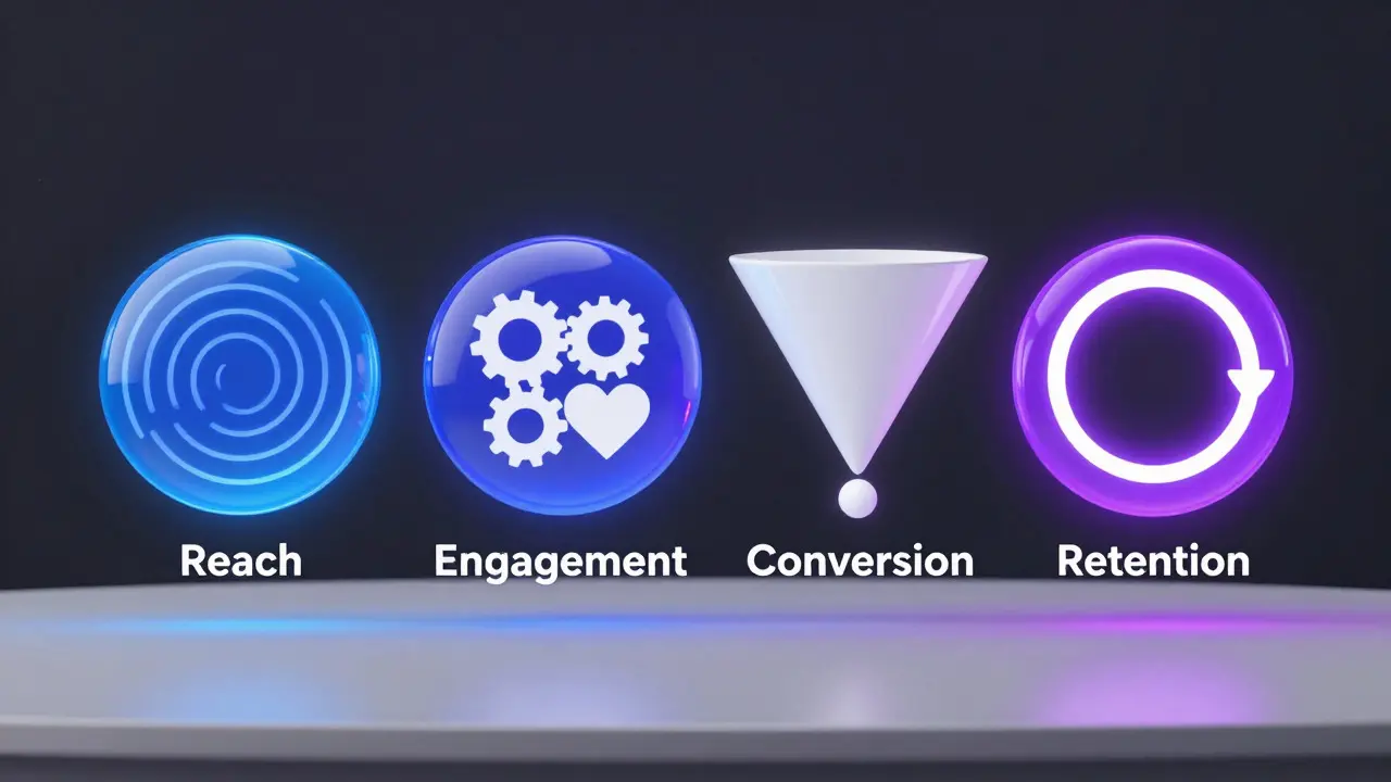 Abstract 3D visualization of four glowing spheres representing music KPI metrics