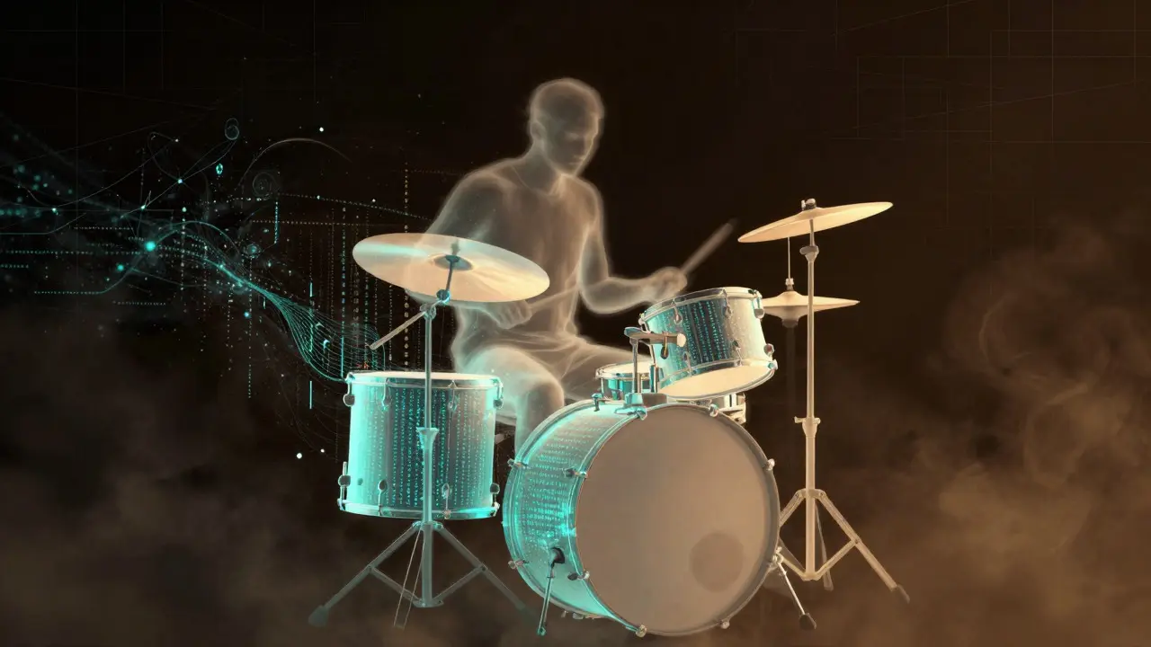 Abstract art merging a drummer silhouette with digital data streams