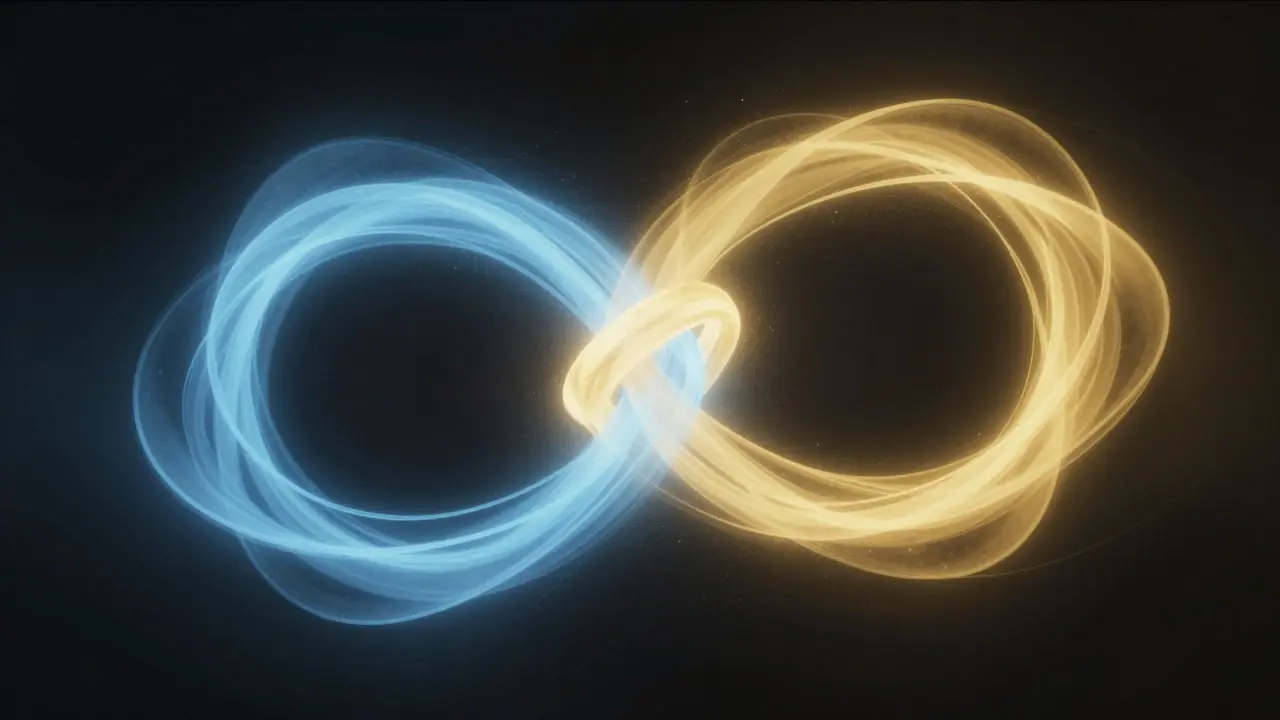Abstract art showing blue and gold light ribbons intertwining to represent vocal harmony