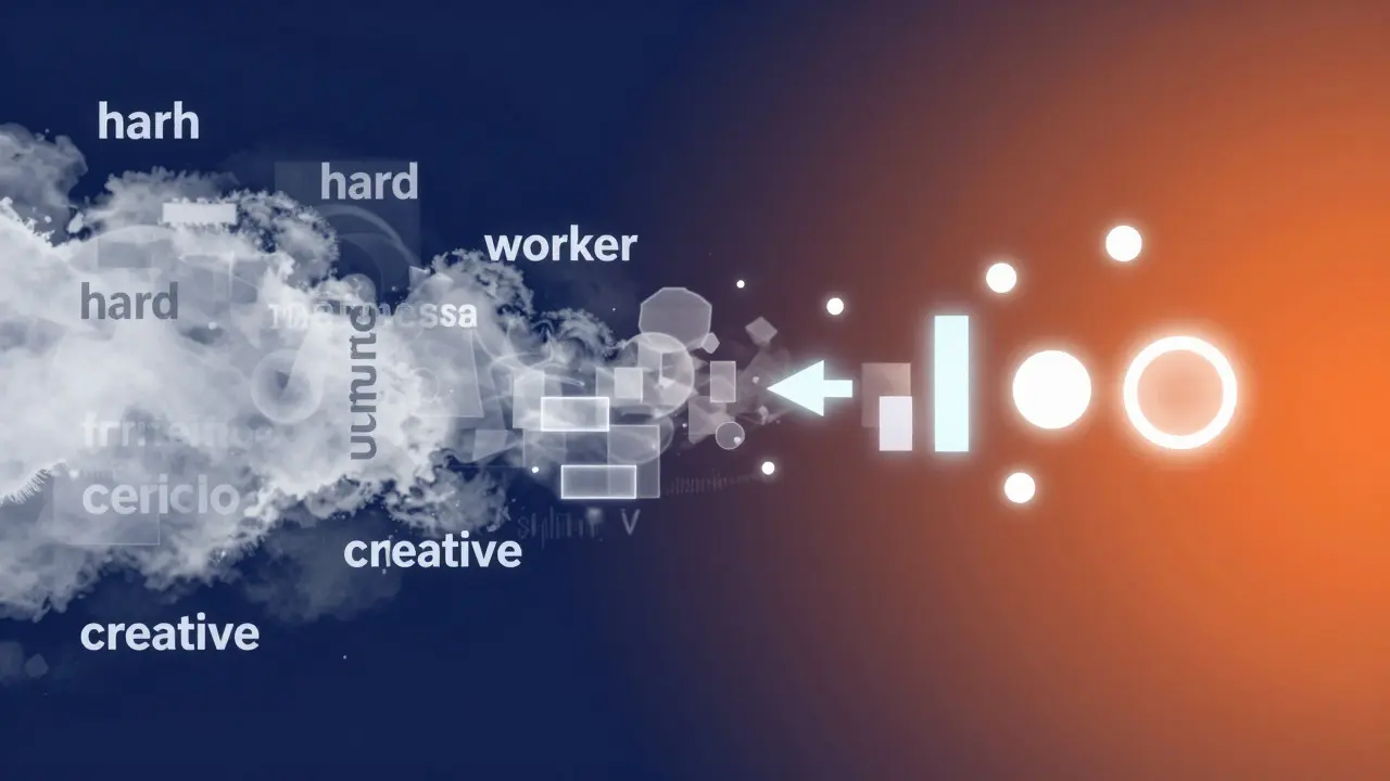 Abstract art showing vague concepts turning into solid data charts