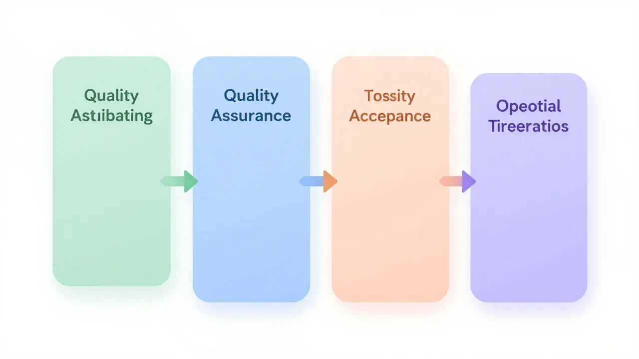 Abstract diagram showing four calm, color-coded phases of a structured project timeline