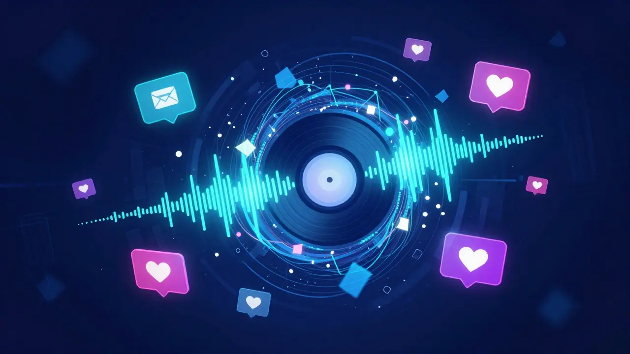 Abstract digital art of a glowing audio waveform surrounded by neon icons