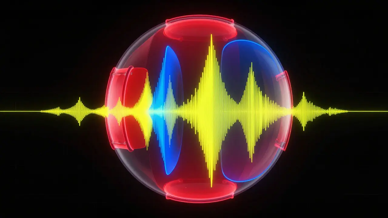 Abstract digital art of colored geometric layers forming a sphere, representing music stems