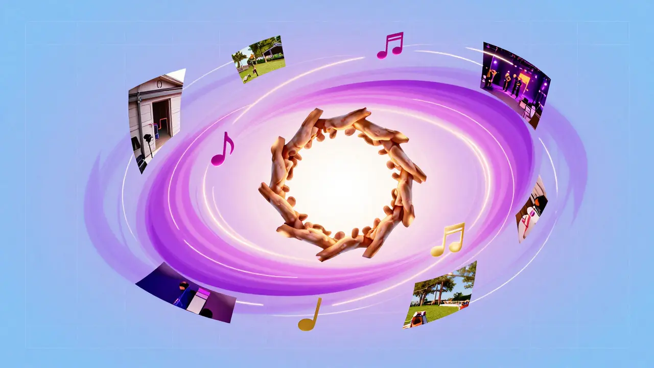 Abstract digital art showing interconnected hands and musical notes forming a community circle
