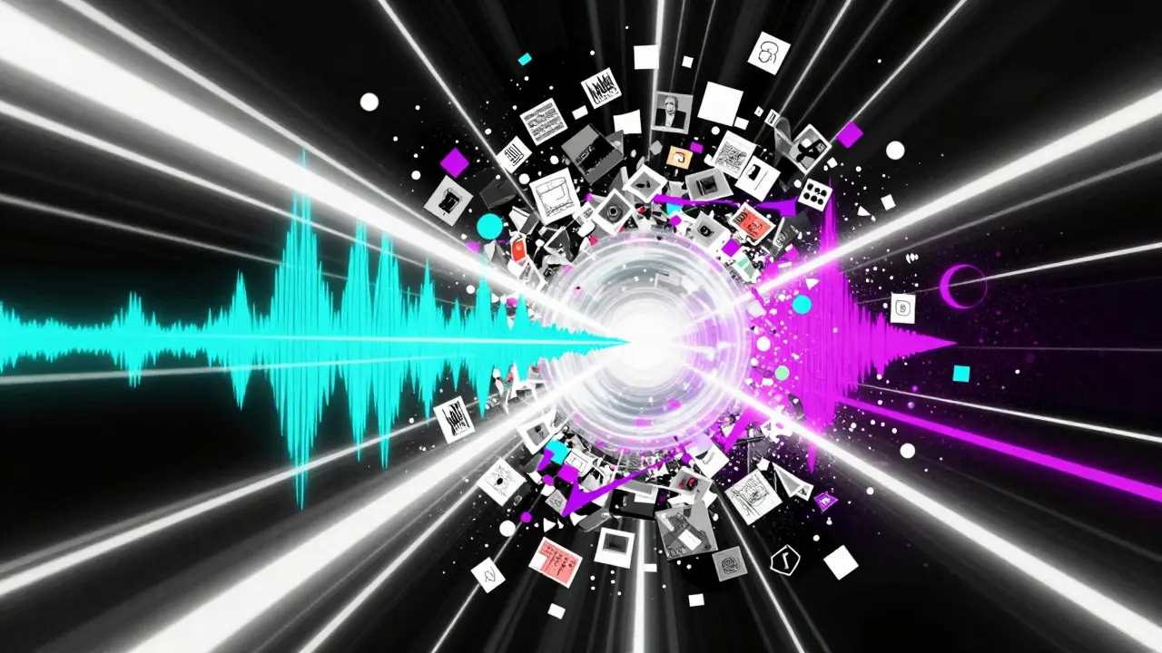 Abstract digital art showing sound waves converging into a glowing central sphere