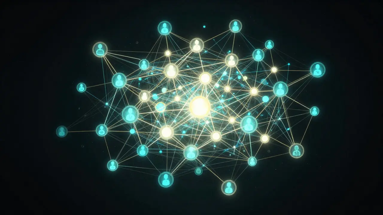 Abstract glowing network diagram representing professional music industry connections