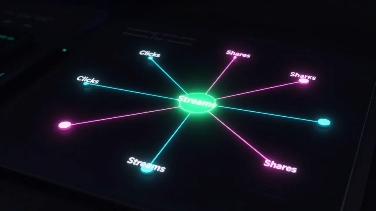 Abstract glowing network diagram visualizing music streaming data and metrics