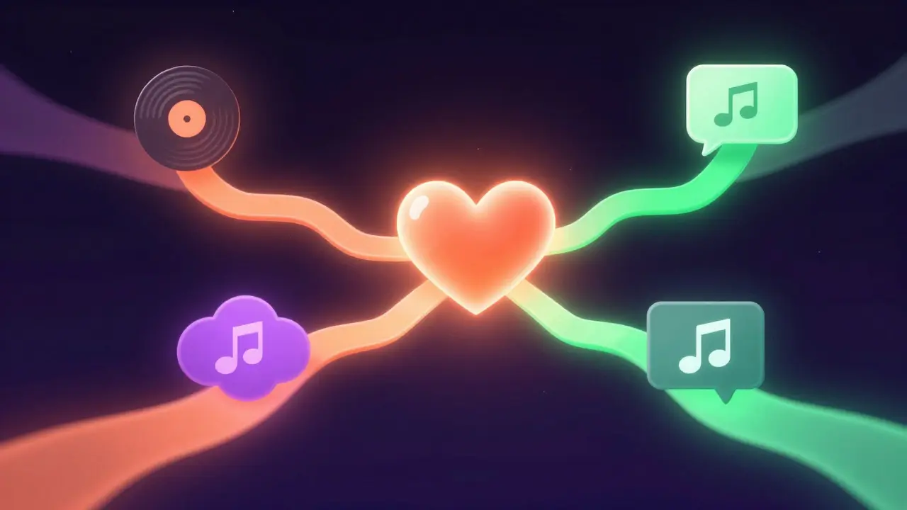 Abstract glowing pathways connecting a central heart to music and community icons