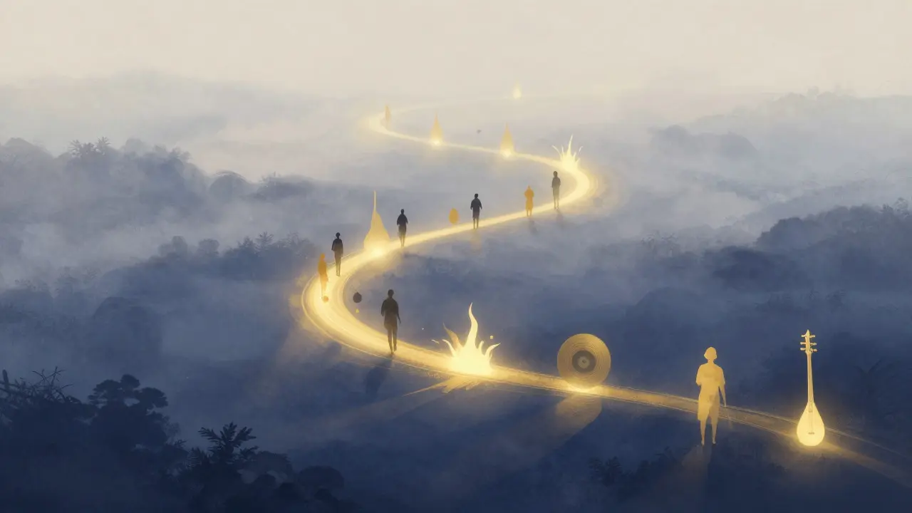 Abstract golden path winding through a misty landscape representing album flow