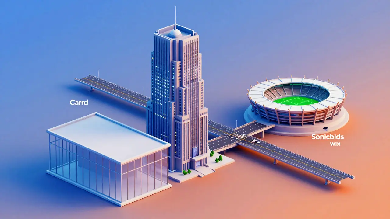 Abstract illustration comparing different types of EPK website builders as structures