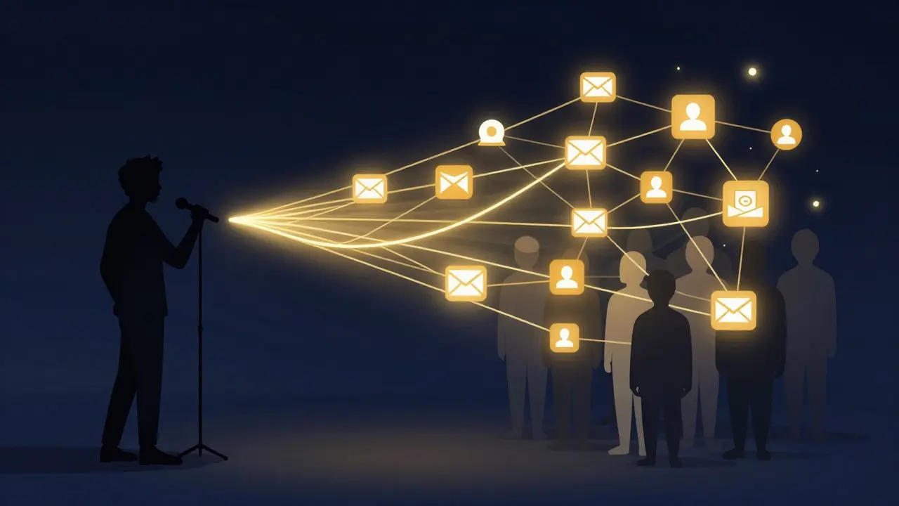 Abstract illustration of a golden beam connecting a musician directly to a group of fans, representing direct engagement.