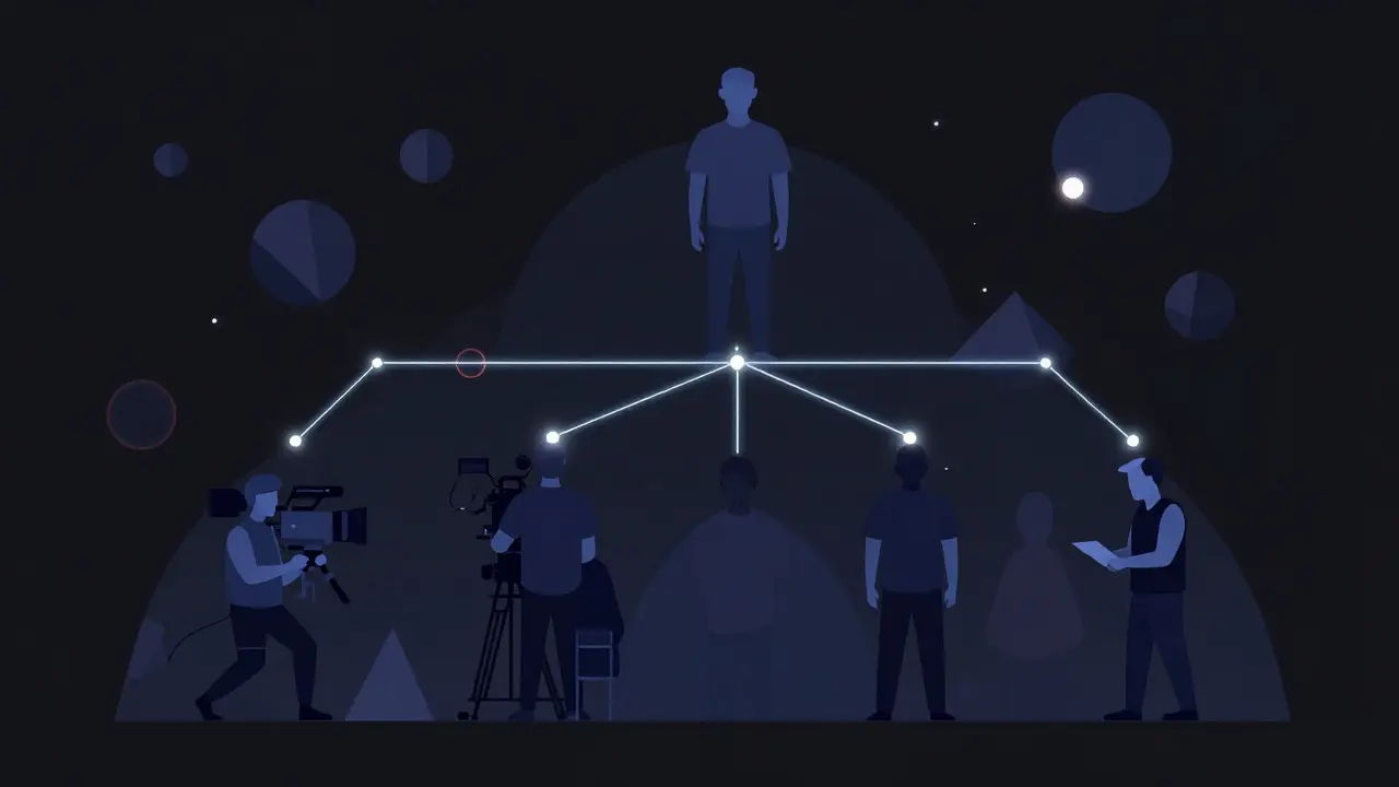 Abstract illustration of film crew hierarchy with glowing connection lines
