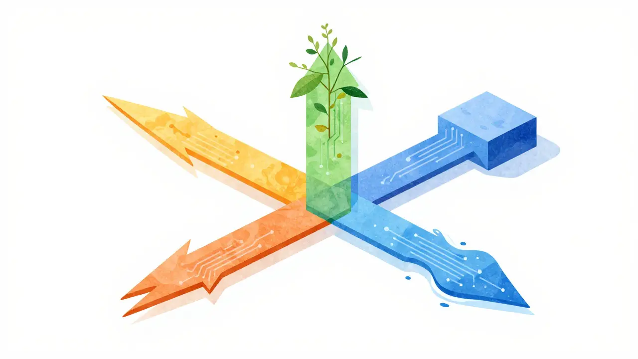 Abstract illustration of five colorful, textured pathways branching from a center point on a white background