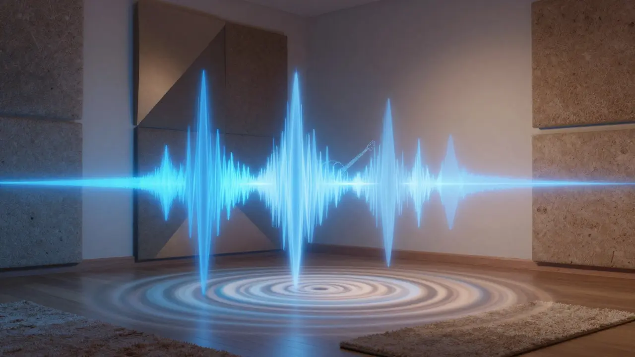 Abstract illustration of sound waves reflecting and absorbing in a room
