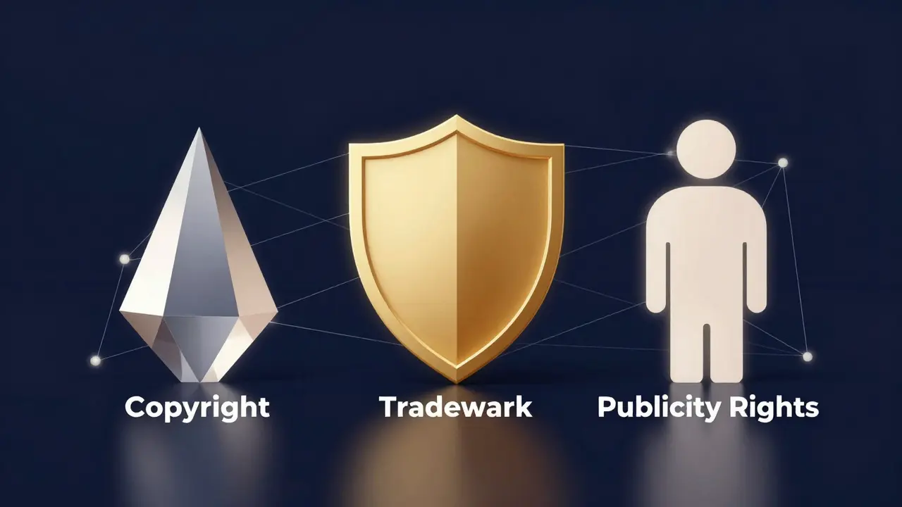 Abstract illustration of three glowing pillars representing copyright, trademark, and publicity rights