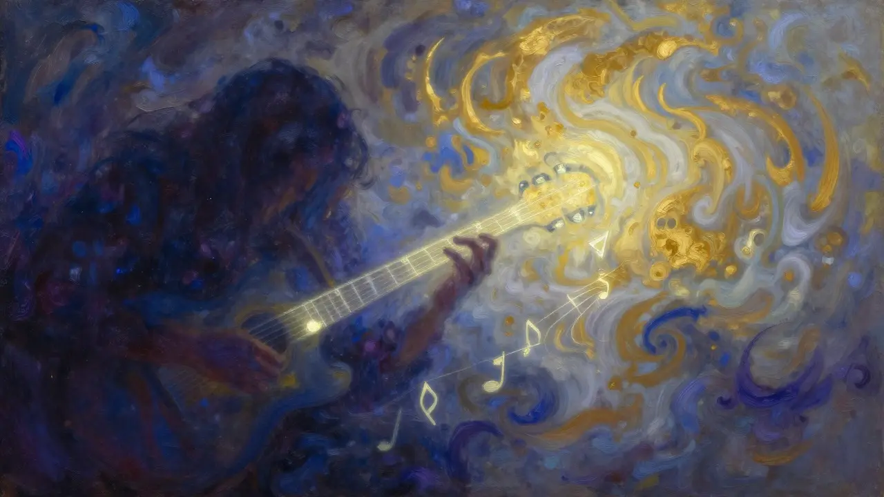 Abstract painting of blue notes transitioning from dark to light