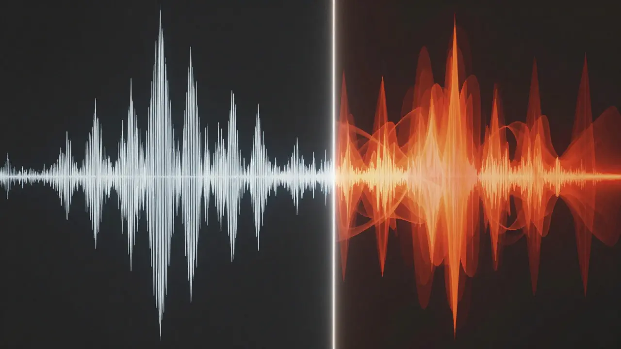 Abstract split image showing clean blue sound waves on the left and chaotic red waves on the right
