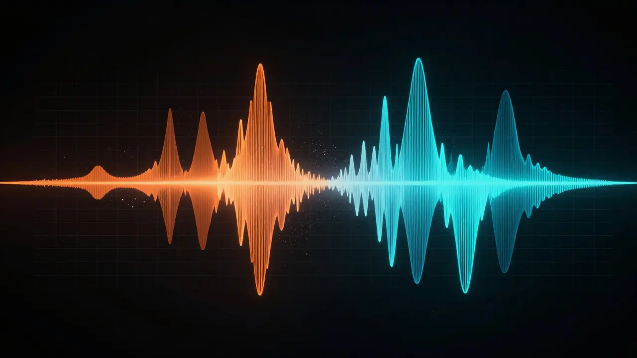 Abstract visualization of audio waveforms in warm and cool colors representing balanced frequency mixing.