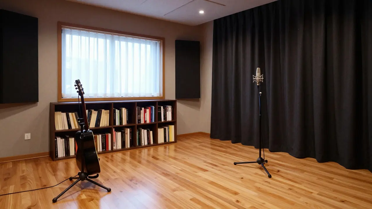 Acoustic treatment setup in a home recording studio with wooden floors and curtains
