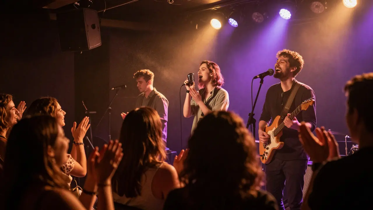An independent band performing on a warmly lit stage in front of an engaged, close-knit audience.