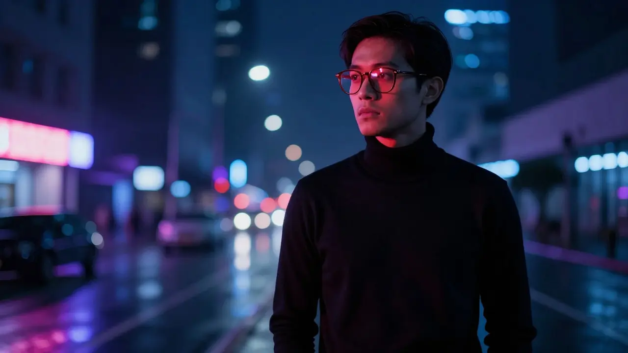 Artist in a black turtleneck illuminated by red neon city lights