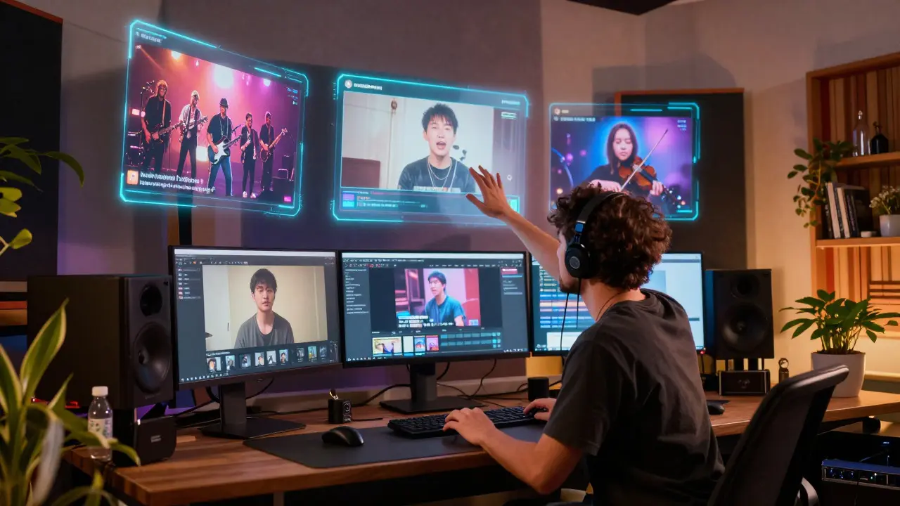 Artist interacting with holographic fan cover videos in a home studio