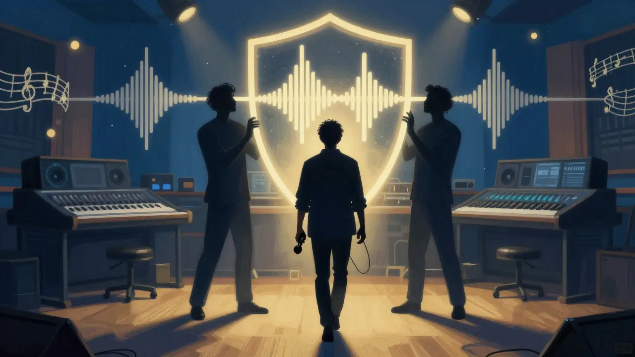 Artist walking forward supported by producer and mixer figures in a conceptual art style