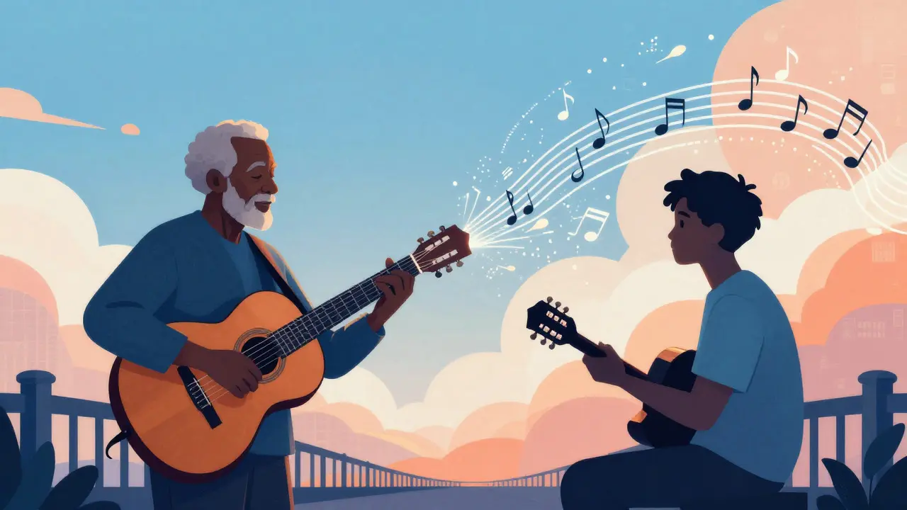 Artistic depiction of two musicians connected by swirling sound waves and digital elements