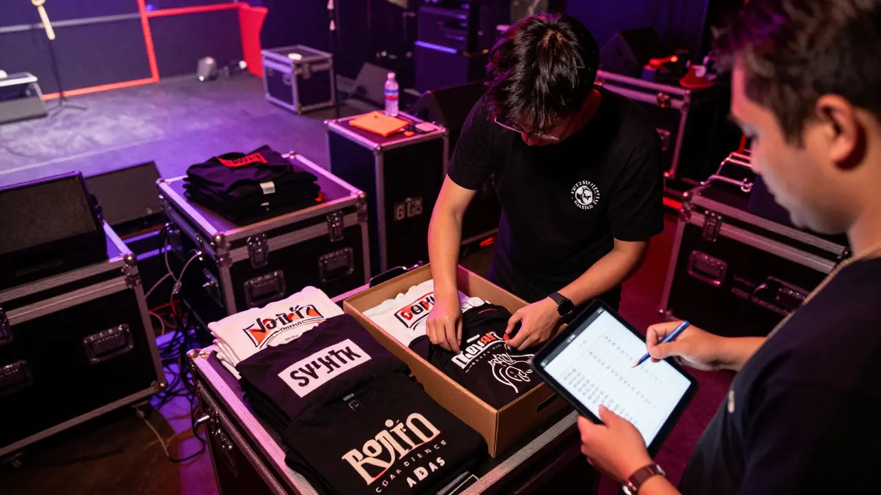 Band members managing merch and schedules backstage
