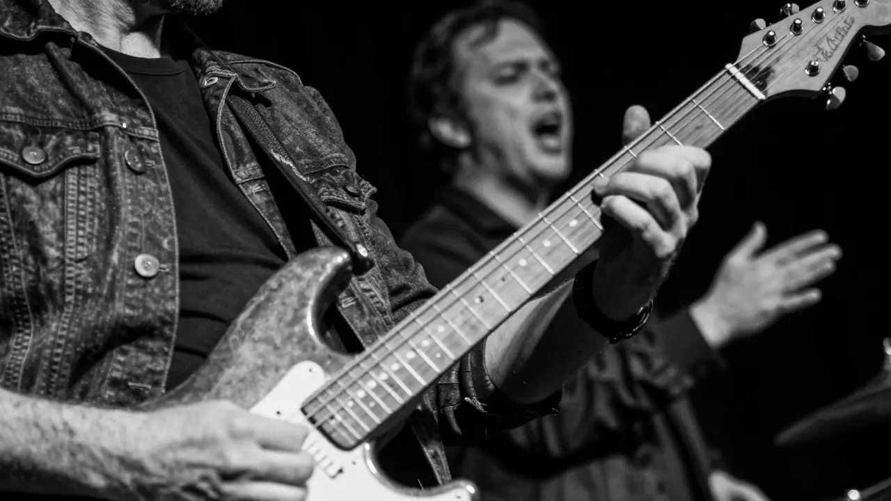 Black and white photo of a guitarist playing intensely behind a vocal performer