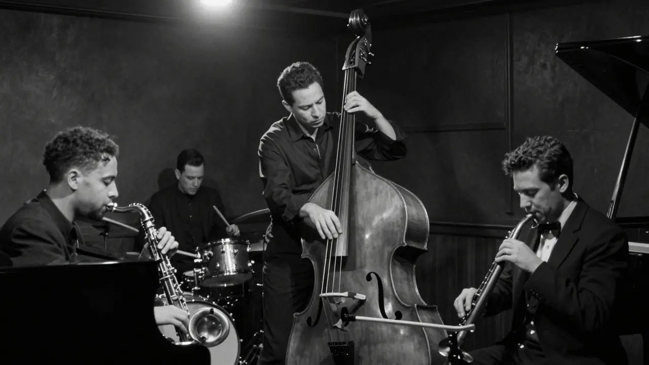 Black and white photo of a jazz trio playing acoustic instruments in a dimly lit room