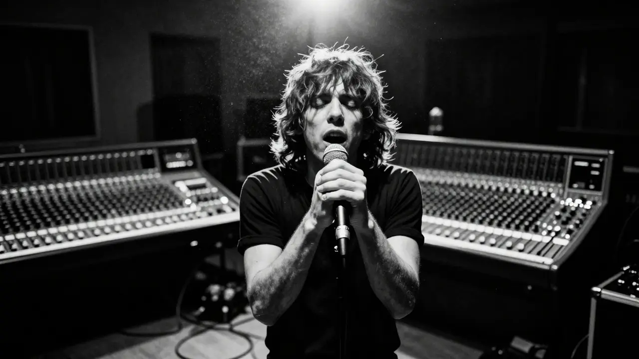 Black and white photo of a singer performing with dramatic lighting and blurred studio gear
