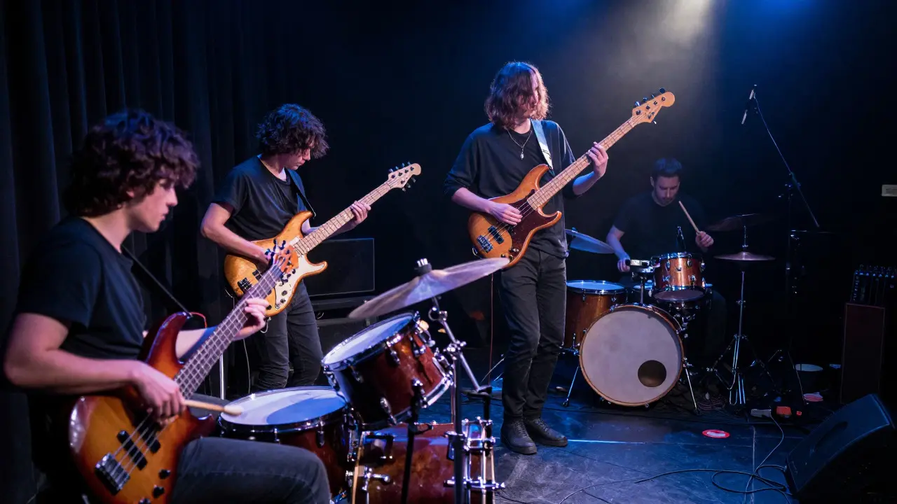 Blues band on stage with slide guitar highlighted by spotlight