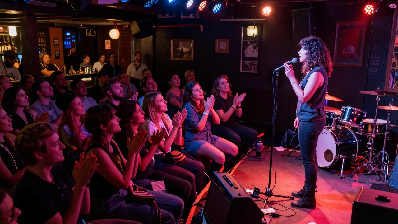Blues singer performing on a small stage close to the audience