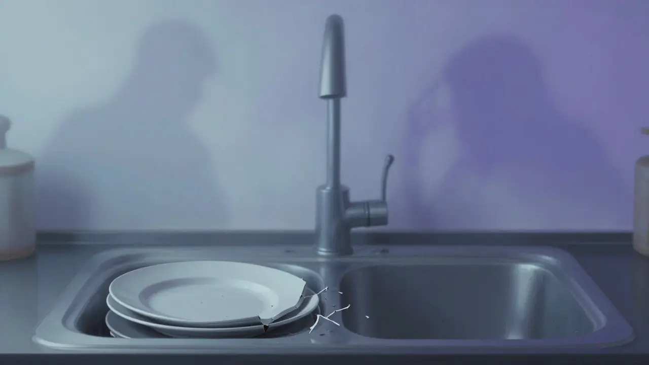 Broken plate in sink contrasting with fading abstract shapes