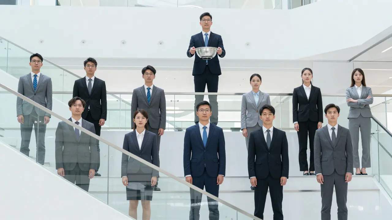 Business professionals on a staircase illustrating press team hierarchy