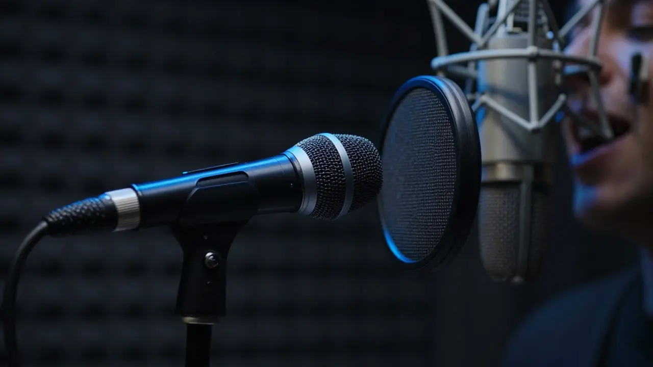 Close-up of a dynamic microphone used for recording vocals, with a condenser mic blurred in the background.