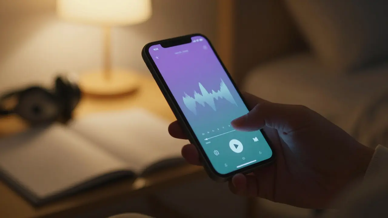 Close-up of a hand holding a phone displaying abstract music waveforms in a dim room