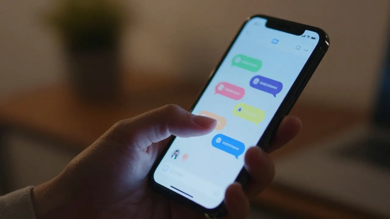 Close-up of a hand holding a smartphone with blurred chat notifications