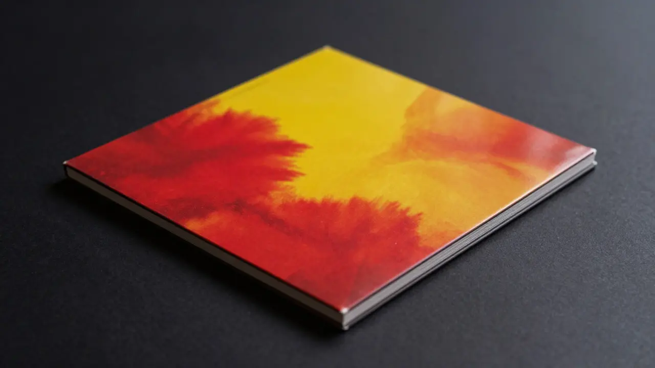Close-up of a vibrant album cover framed by a gray border on a dark background