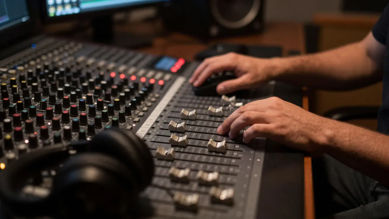 Close up of an engineer's hands adjusting mixing console faders in a dark studio