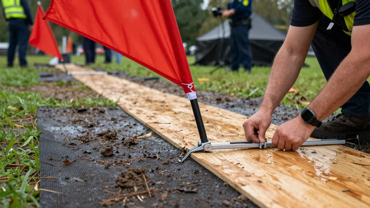 Close-up of crew securing lighting trusses and laying down anti-slip mats in a muddy park
