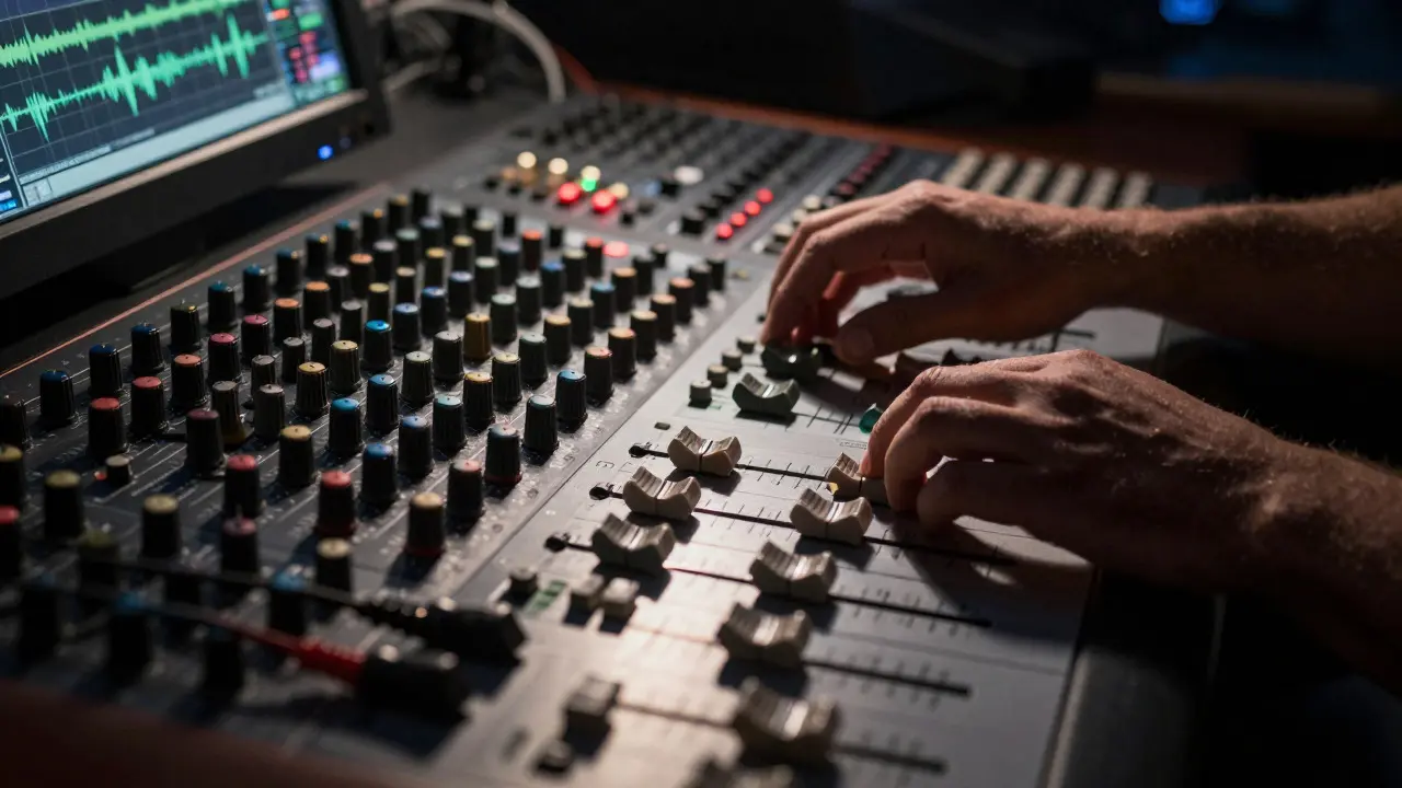 Close-up of hands adjusting mixing console knobs under dramatic studio lighting