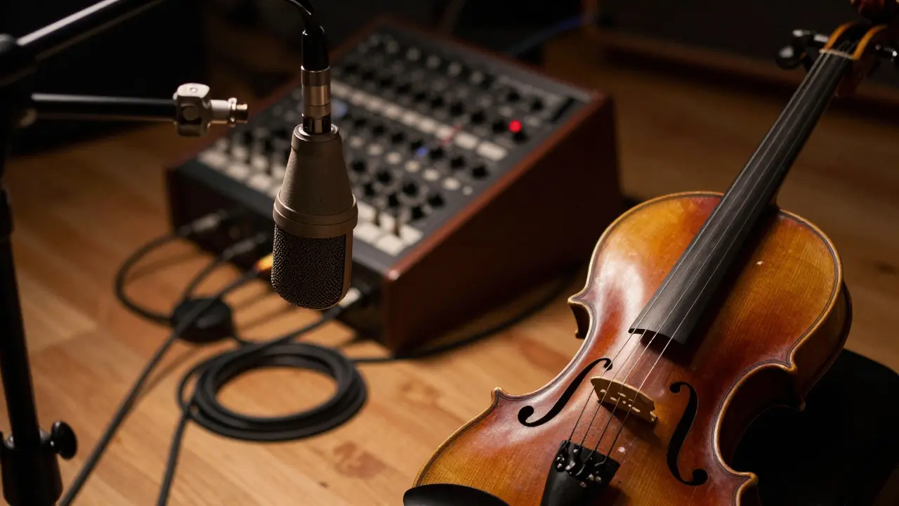 Close-up of microphones positioned near a fiddle and mandolin in a dim studio