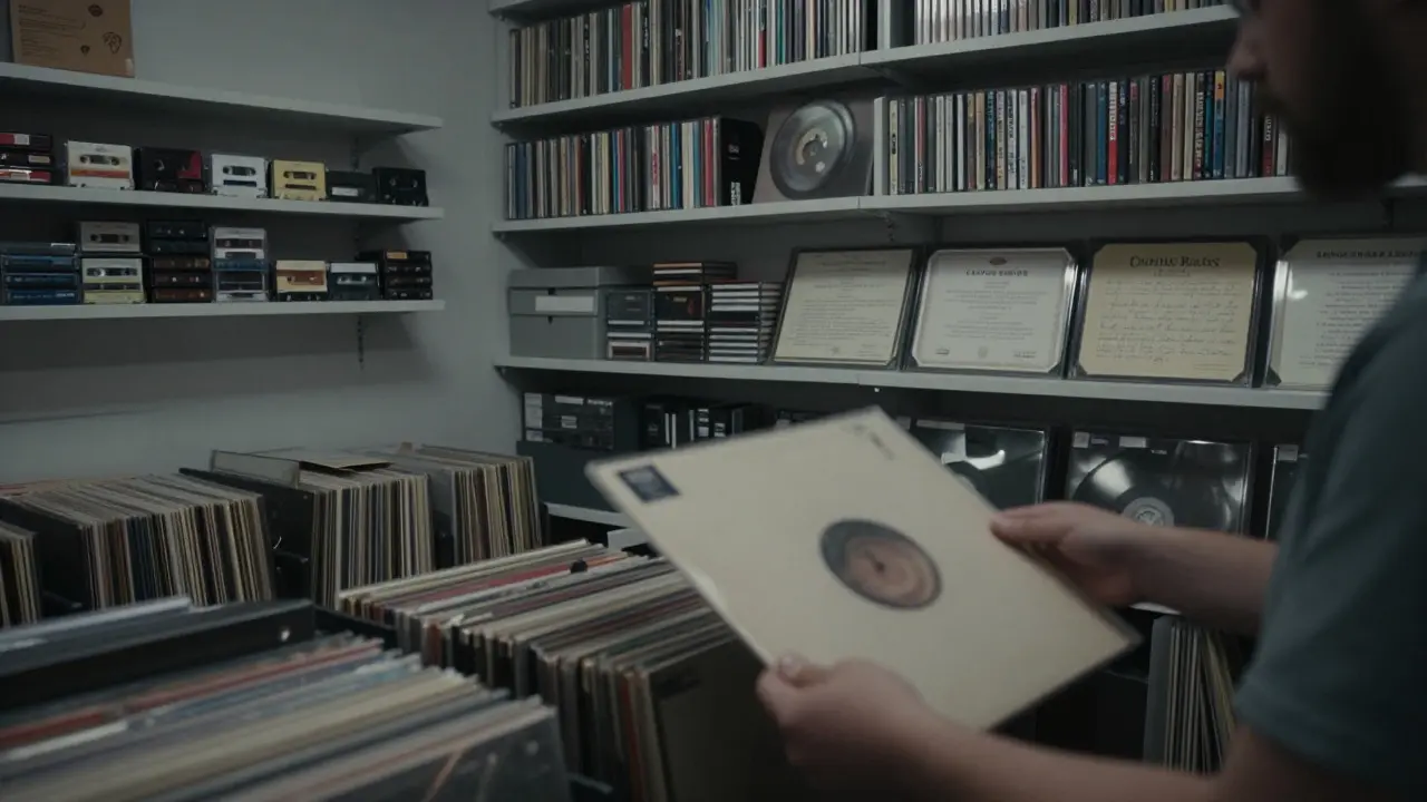 Collector carefully storing a rare vinyl record in an acid-free sleeve